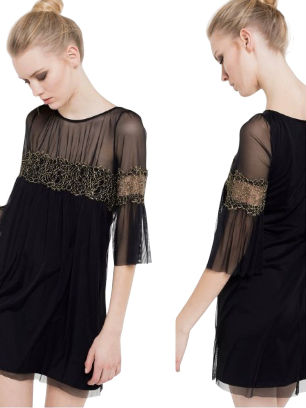 PATRIZIA PEPE SERA Gold Lace Chiffon Dress Bell Sleeve Whimsigoth Cocktail Small